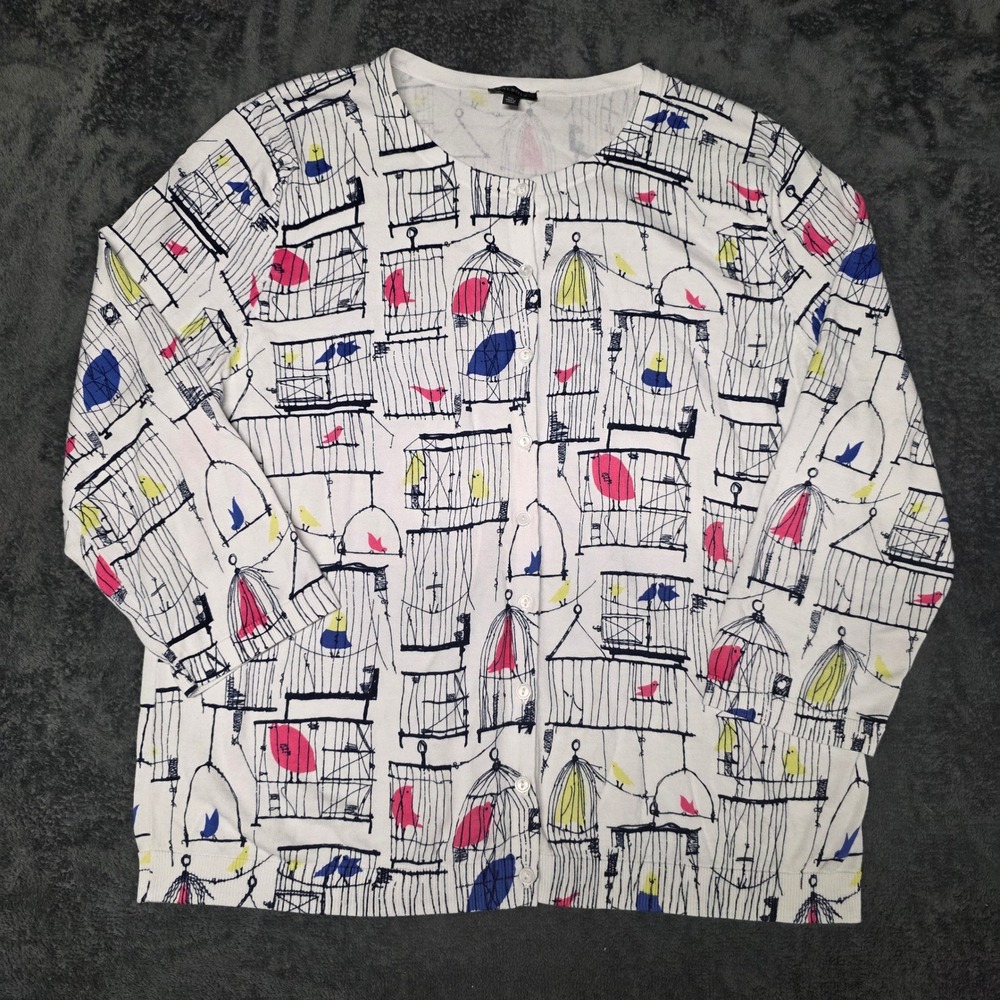 Talbots Birdcage Print Cardigan Womens XL White Pink Blue Novelty Whimsical Art